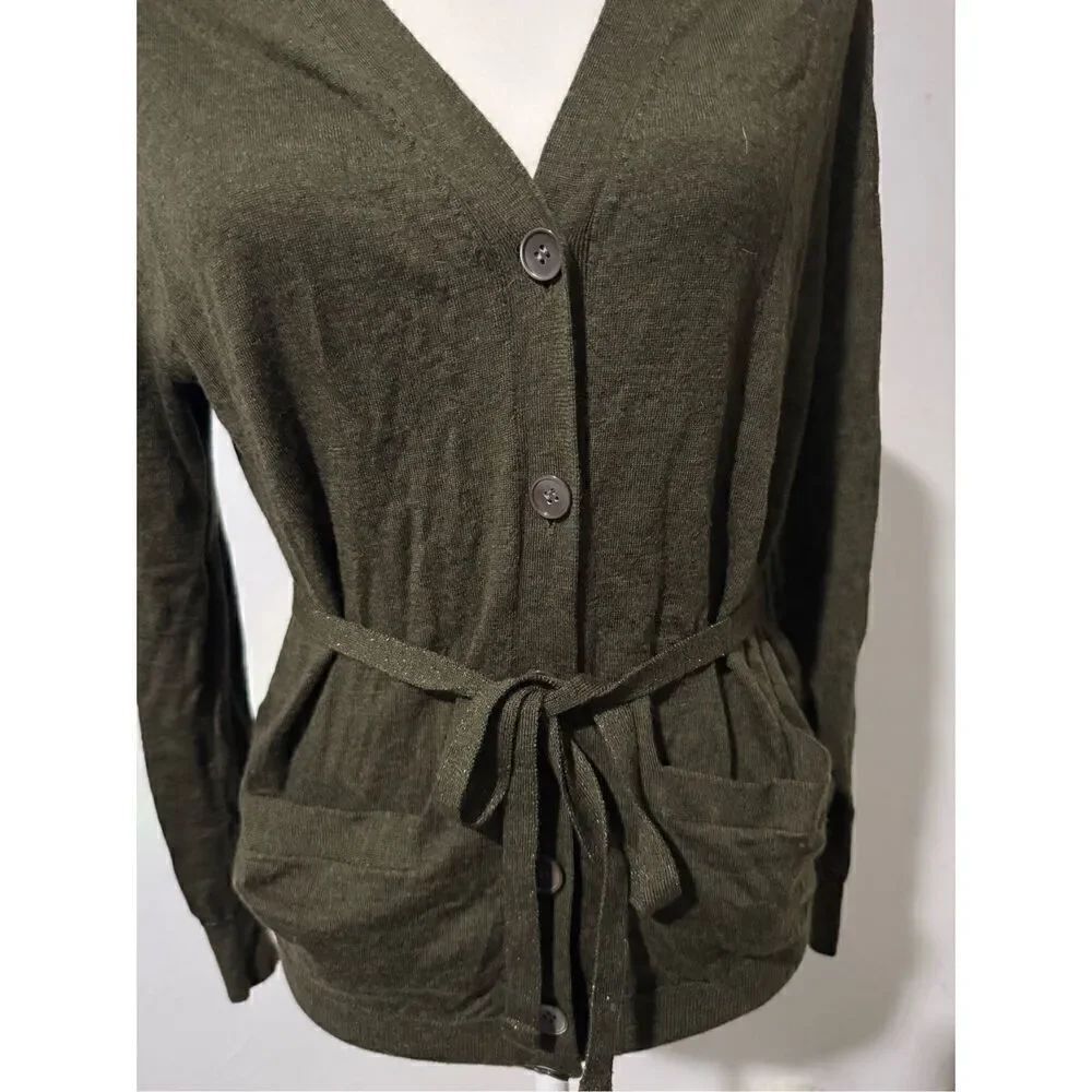 J. Crew olive green 100% merino Wool cardigan tie sweater S button front - Picture 7 of 7